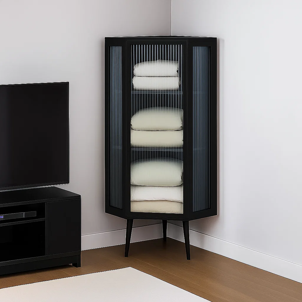 Black corner cabinet with neatly folded bedding