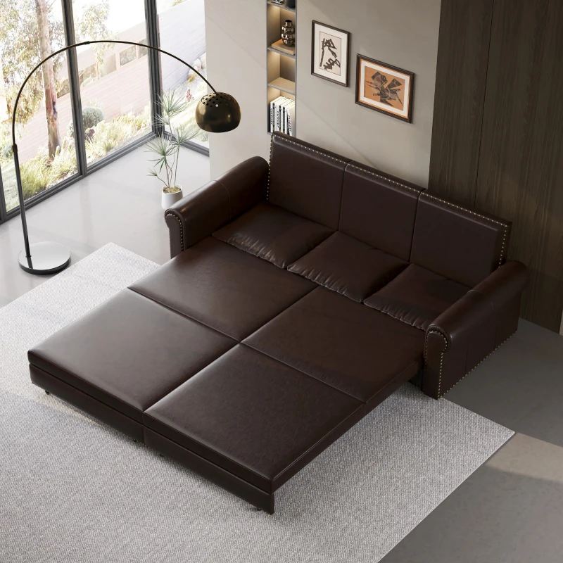 Brown leather sleeper sofa fully extended in modern room
