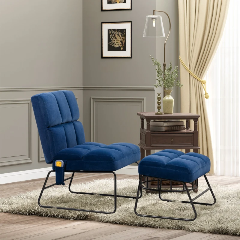 Blue cushioned chair with matching ottoman in modern living room.