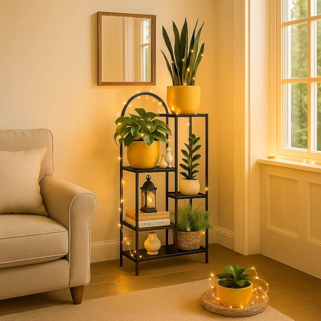 Indoor plant stand with yellow pots, books, and fairy lights.