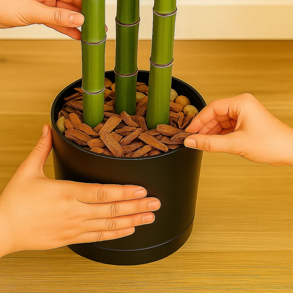 Hands adding bark chips atop pebbles around faux bamboo stems in black planter.