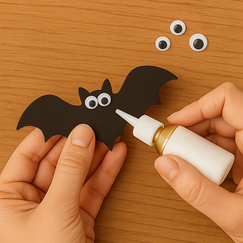 Hand gluing googly eyes onto small black paper bat.