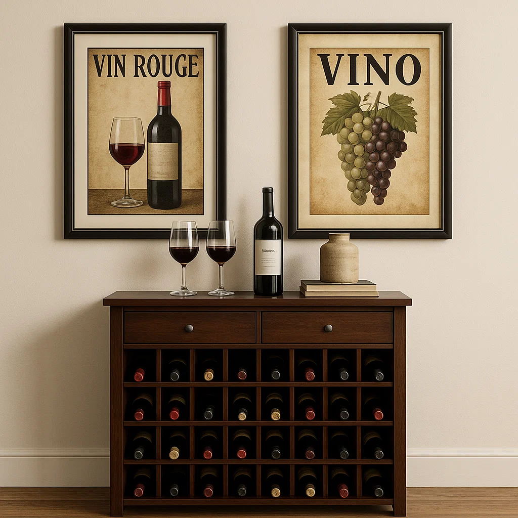 Dark wooden wine cabinet with framed wine posters.