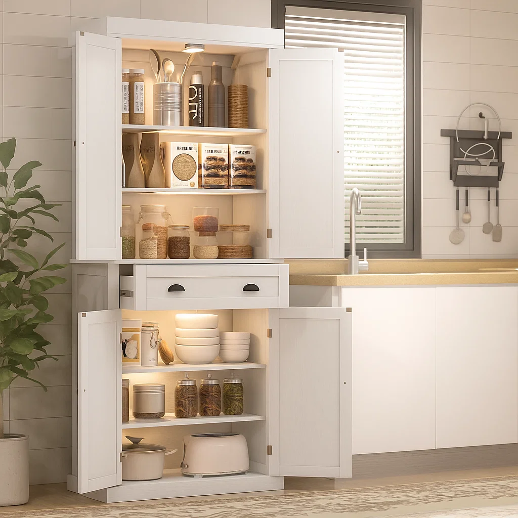 White kitchen cabinet with interior lighting illuminating jars and bowls