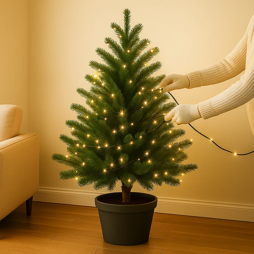 Wrapping string lights around a small Christmas tree