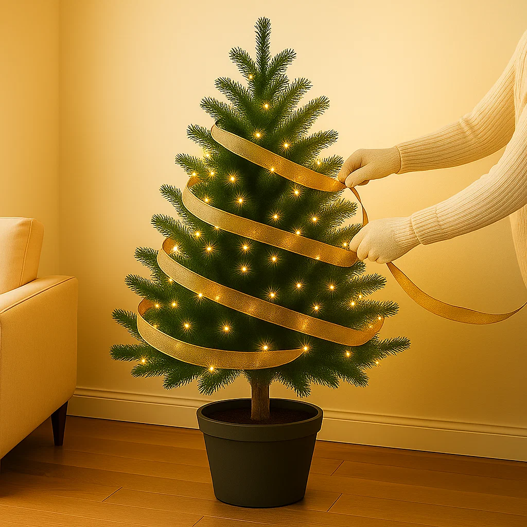 Adding golden ribbon spirals around a lit Christmas tree