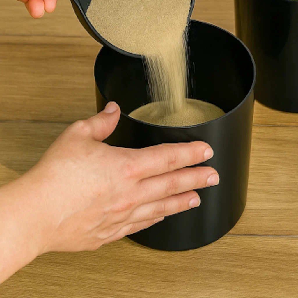 Hand pours sand into black planter to build weighted base for faux tree.