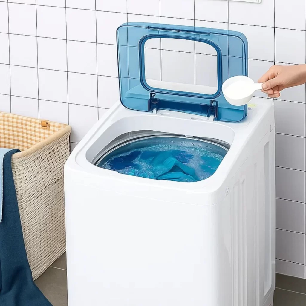 Pouring detergent into portable washing machine to start wash.