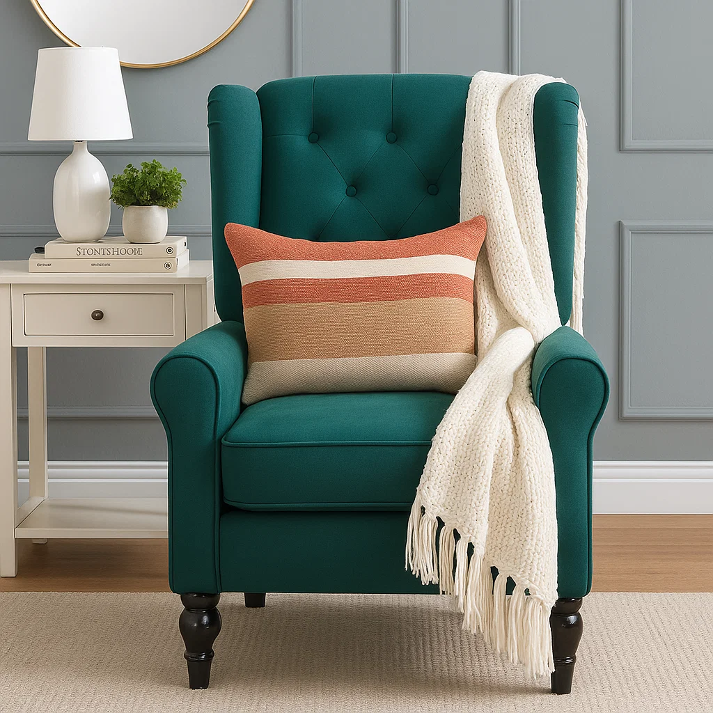 Green tufted armchair with striped cushion and white knit throw