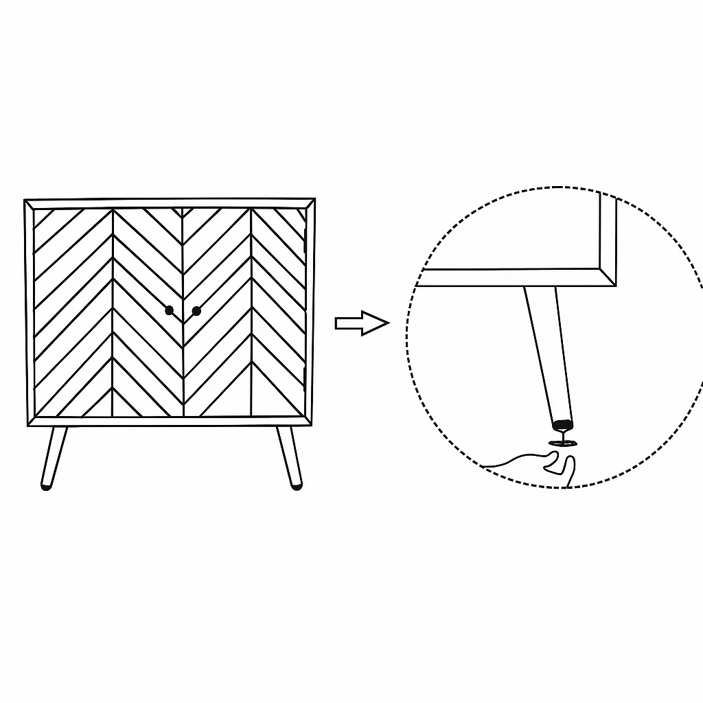 Hand adjusting leveler at bottom of cabinet leg.
