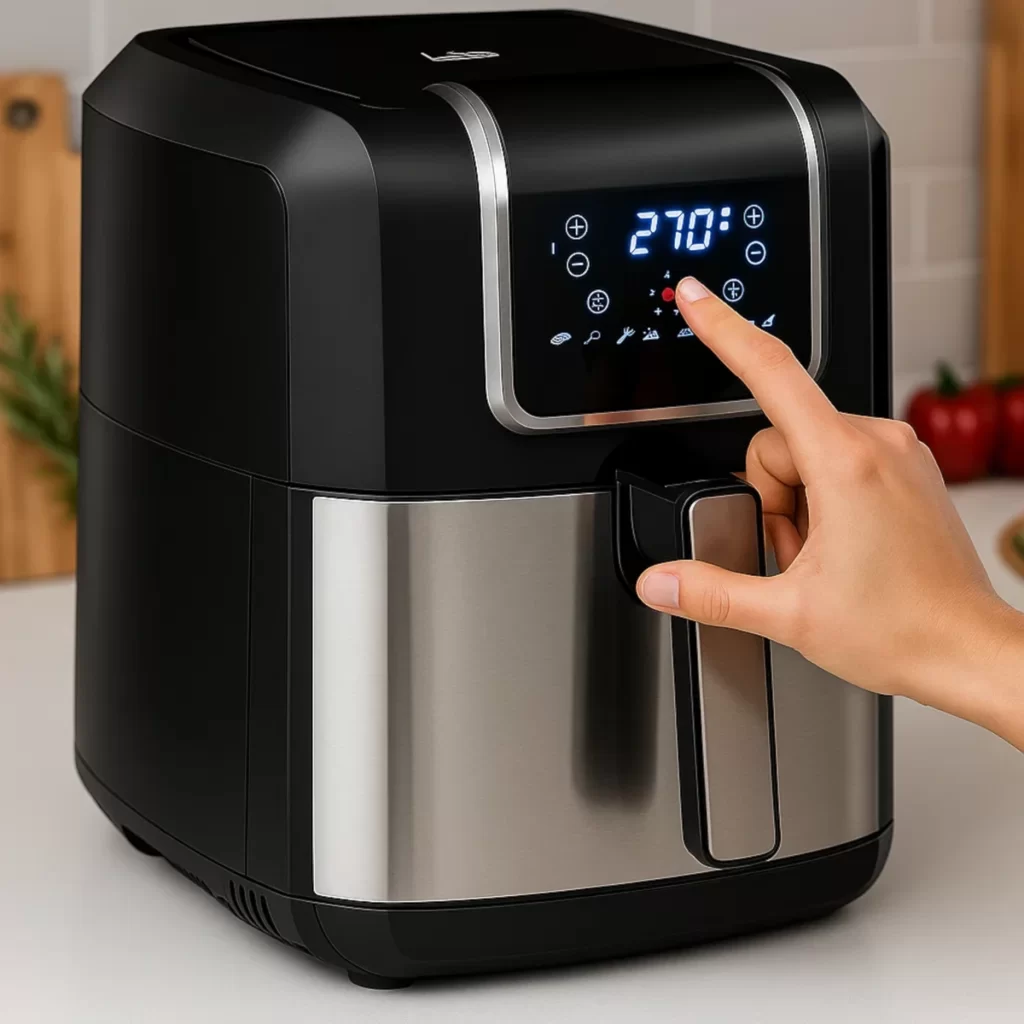 Hand adjusting digital control panel on stainless steel air fryer set at 270 degrees.