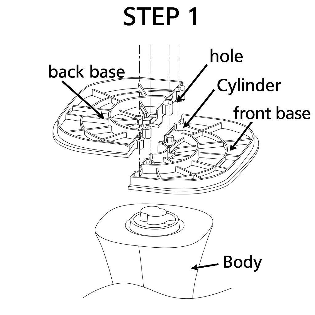 Aligning front and back base parts with cylinder holes