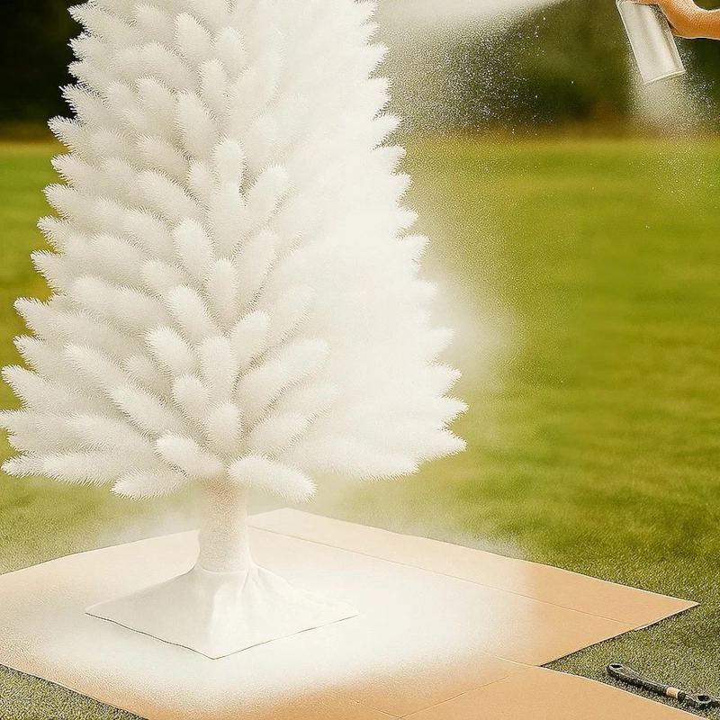 White spray paint evenly coating artificial Christmas tree outdoors.