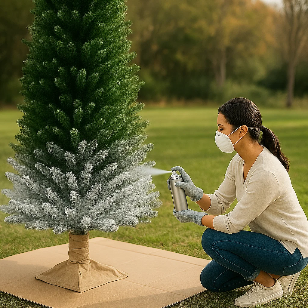 Person spraying primer on artificial green Christmas tree outdoors.