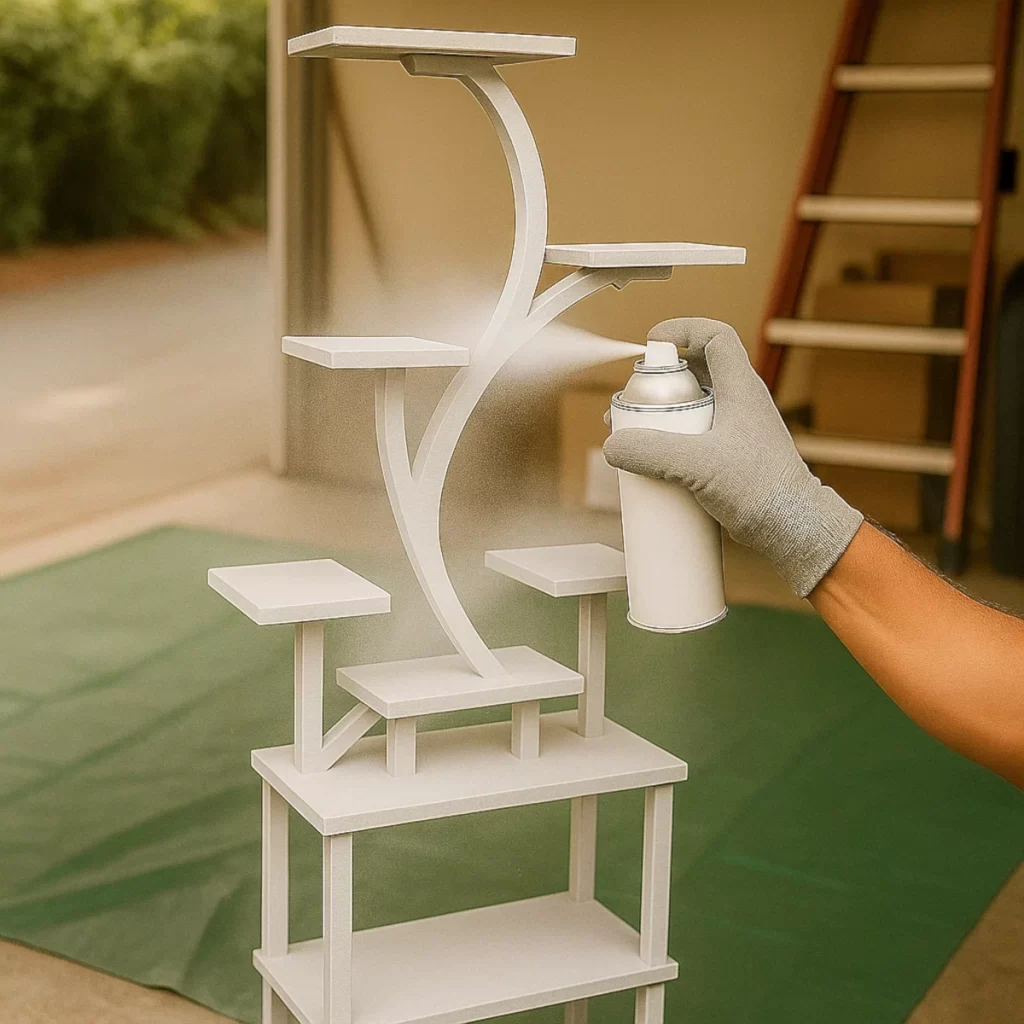 Hand spraying white primer on a metal plant stand.