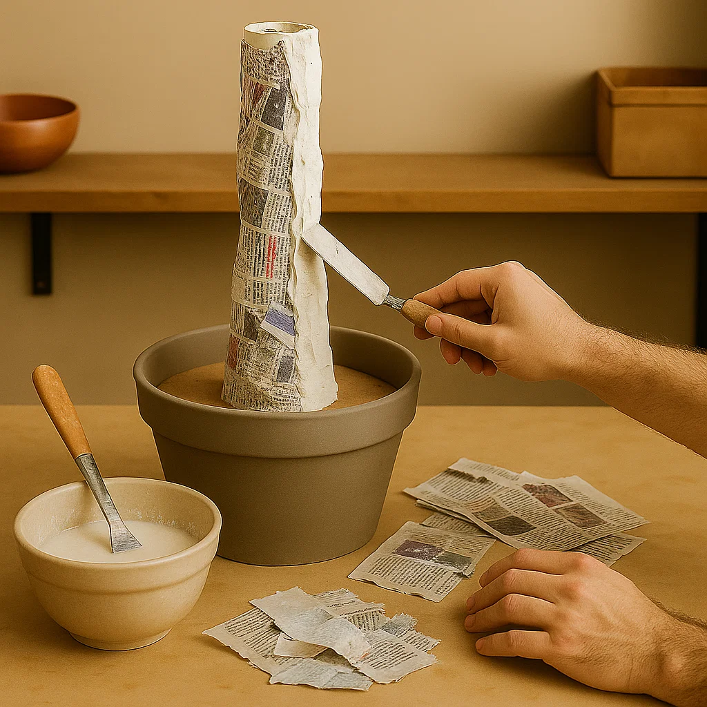 Hand applying papier-mâché strips to a trunk base.
