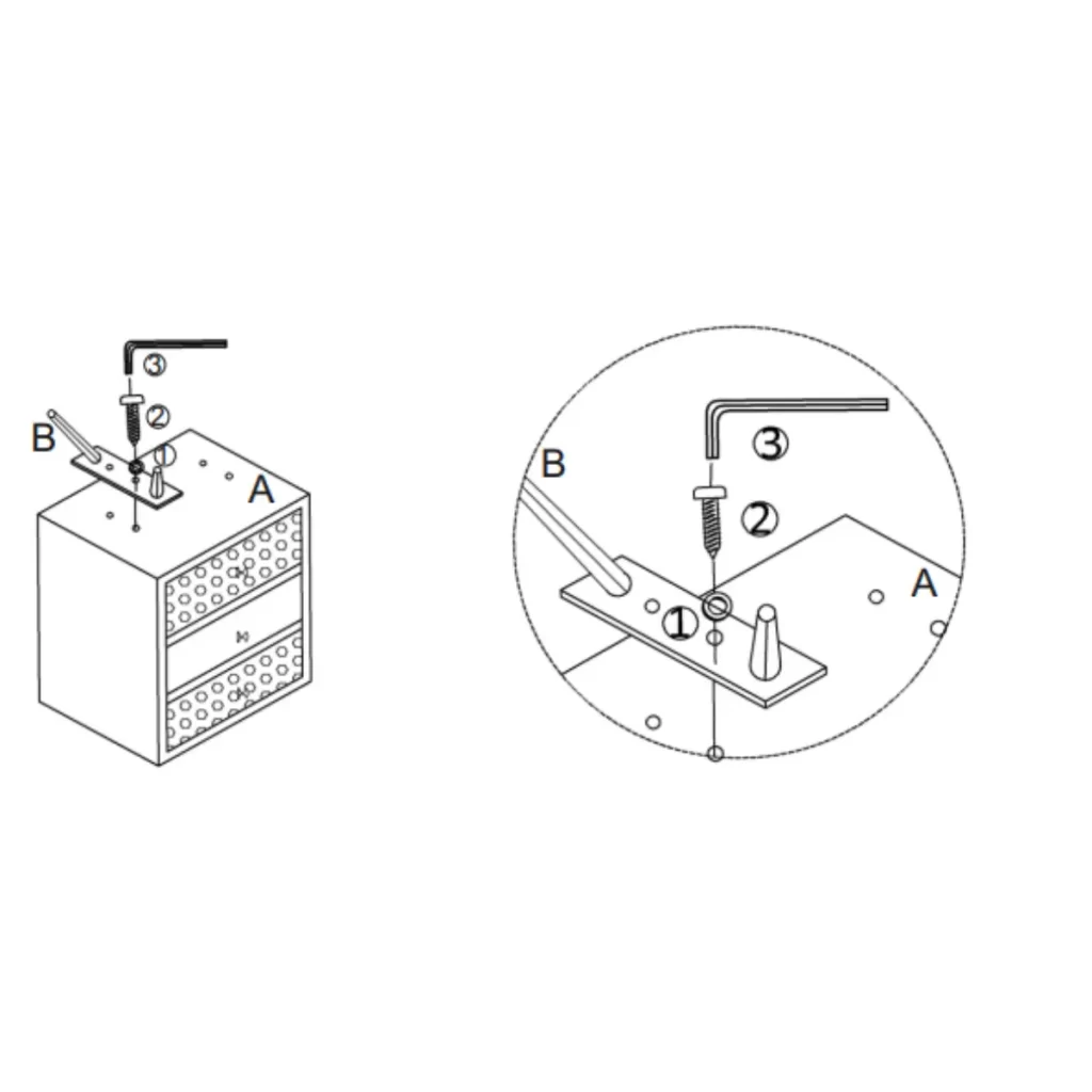 Allen key tightening screws to secure angled wooden legs to table base.