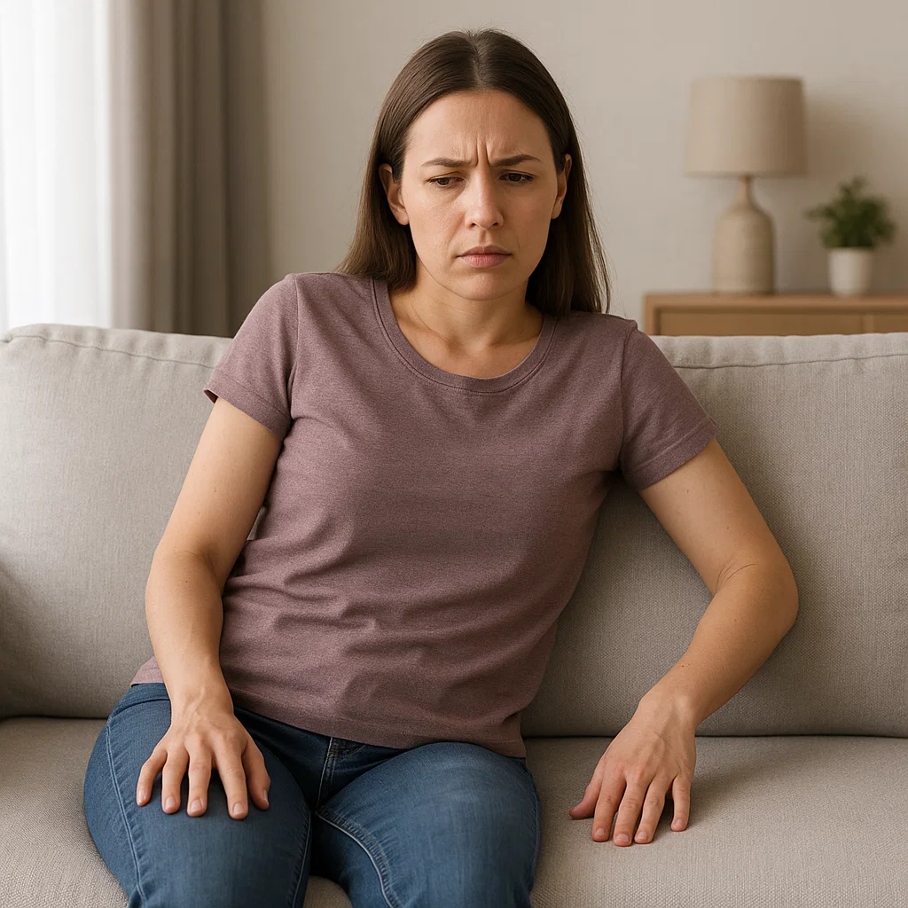  Woman leaning uncomfortably on sofa with concern