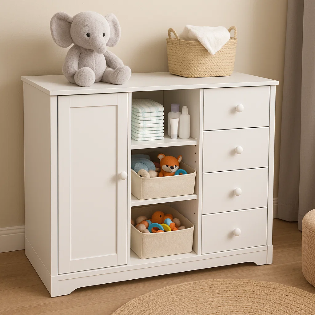 White nursery cabinet with drawers, shelves, and baby essentials