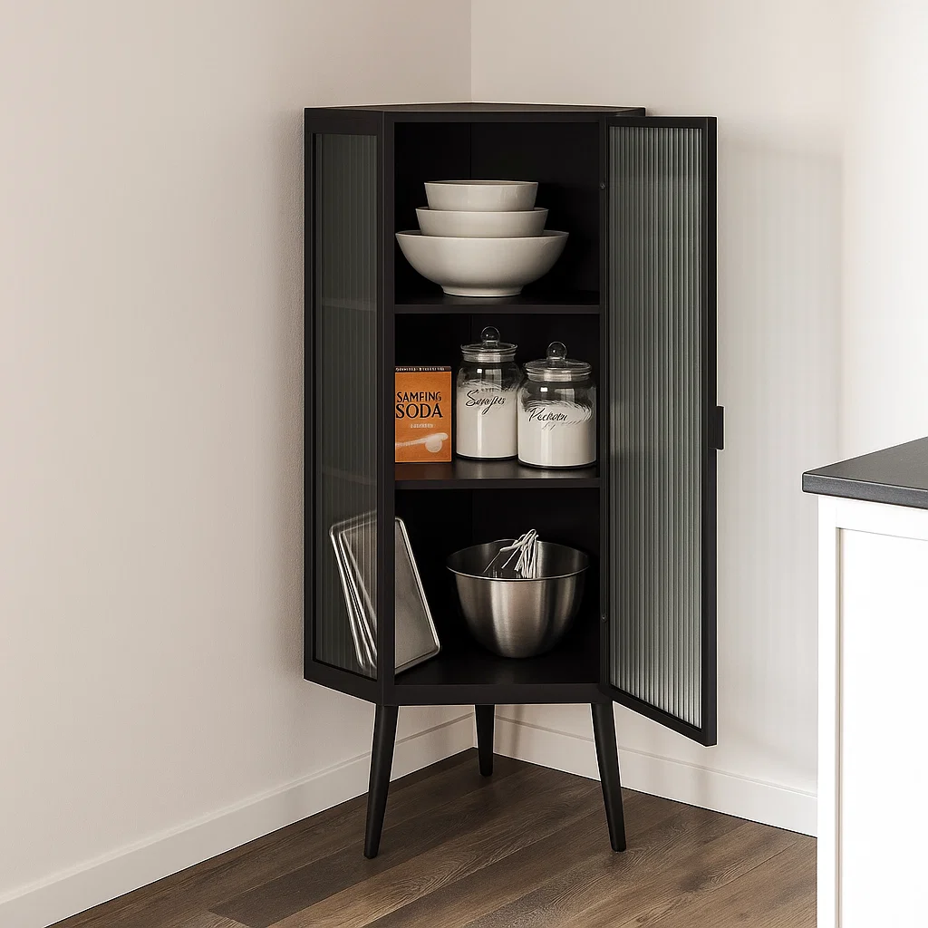 Black corner cabinet storing bowls, baking soda, and kitchen jars