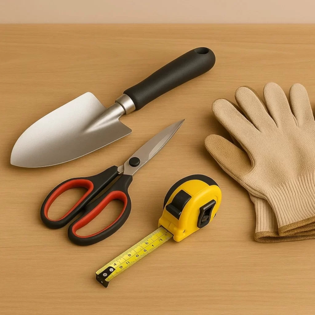 Trowel, scissors, measuring tape, and gloves arranged on wooden surface for potting.