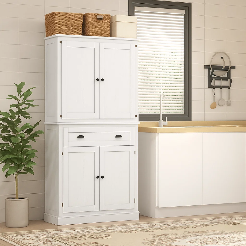 Closed white cabinet with woven baskets placed on top