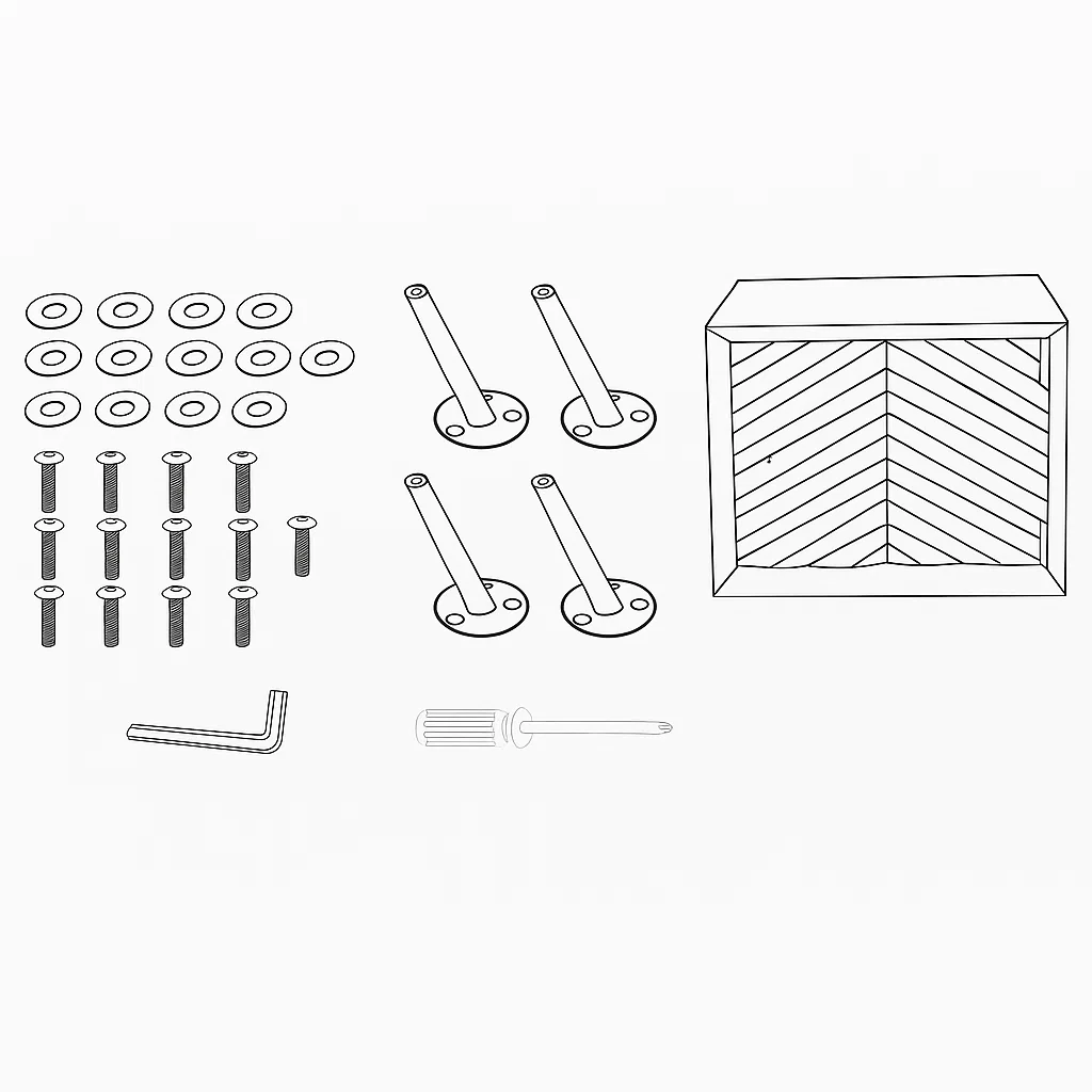 Assembly parts including screws, washers, legs, cabinet, and tools.
