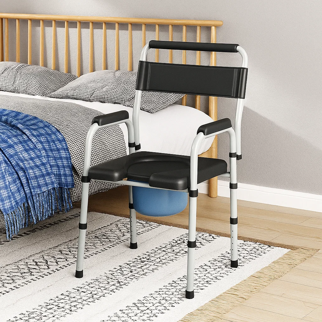 Portable commode chair placed beside bed for easy access.