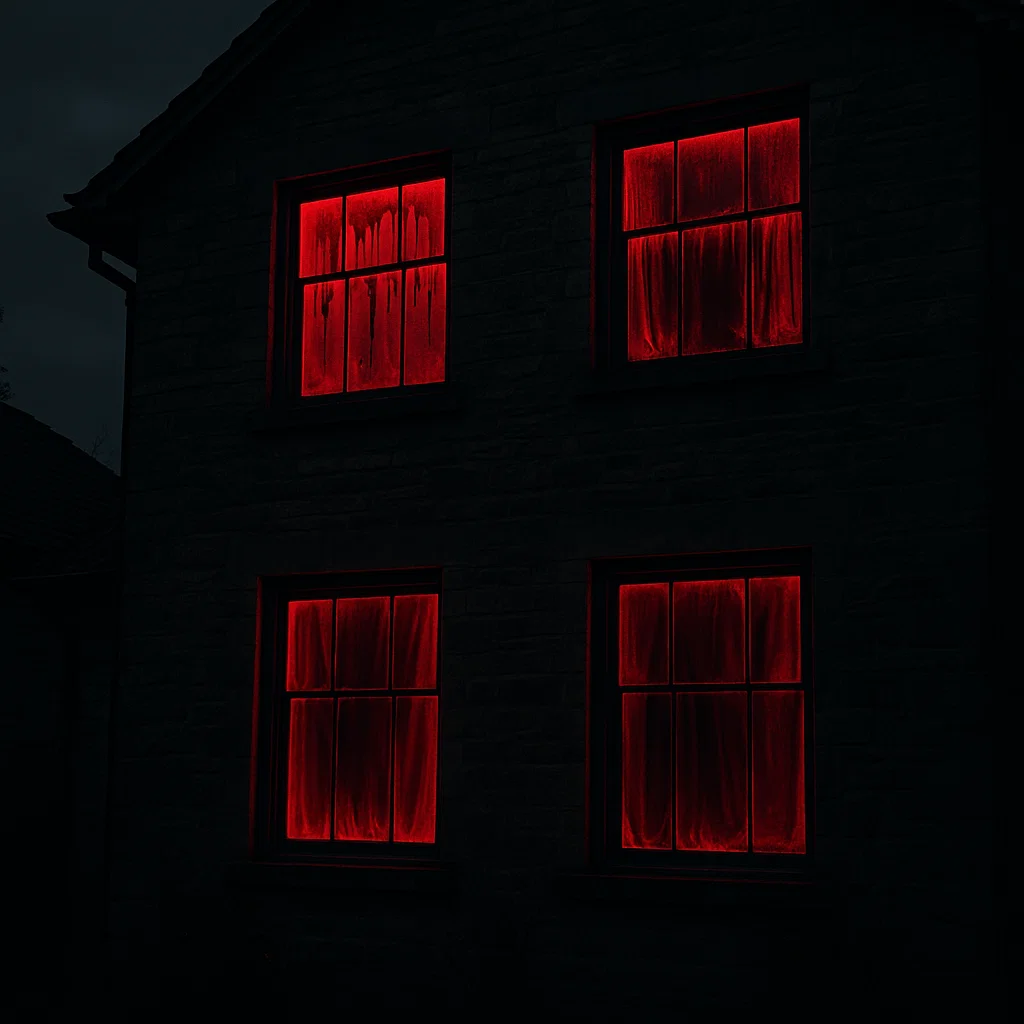 Dark house glowing with eerie blood-red lit windows