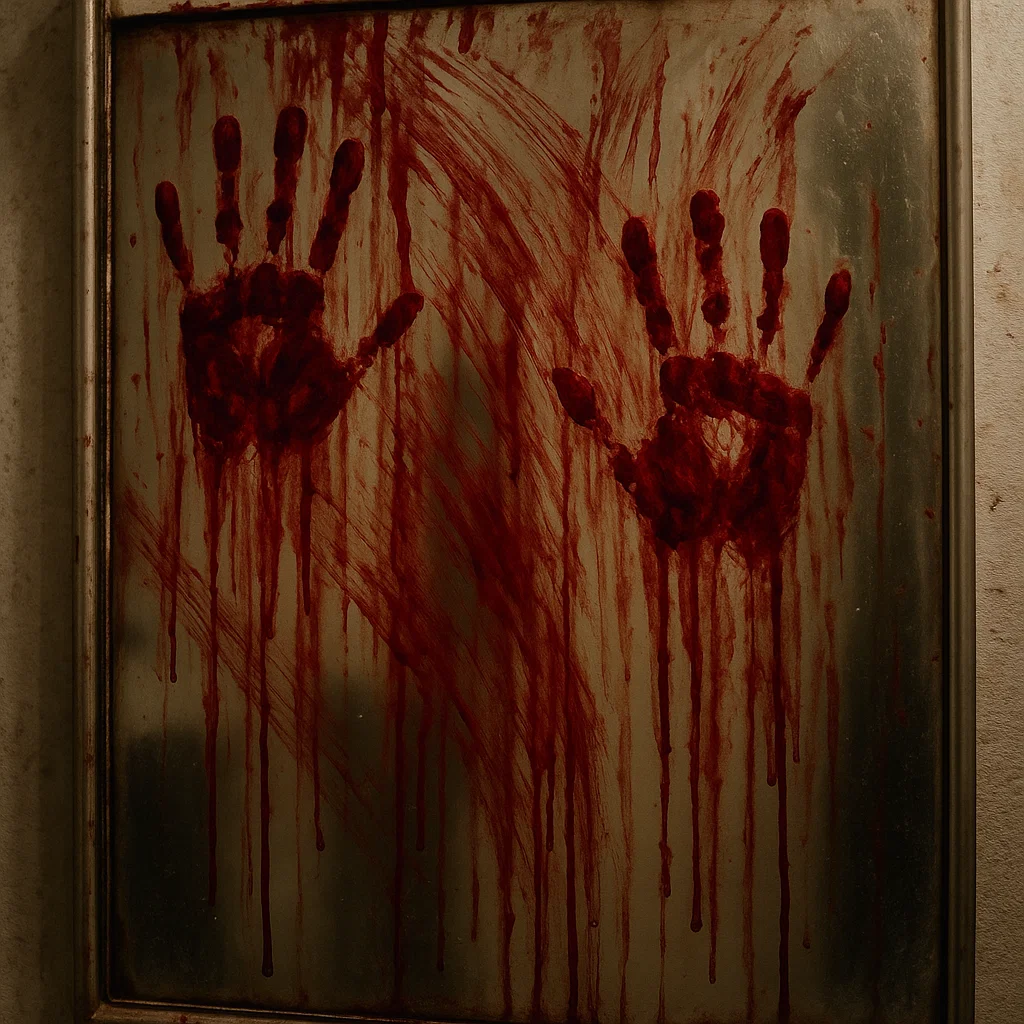 Mirror streaked with red bloody handprints and dripping smears.