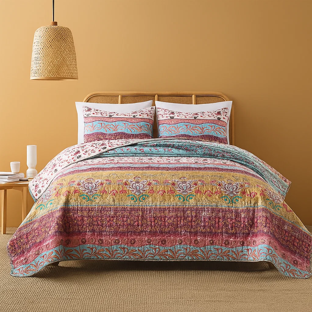 Bohemian-style bed with loosely draped blanket, vibrant patterns, and fringe accents for a relaxed vibe.
