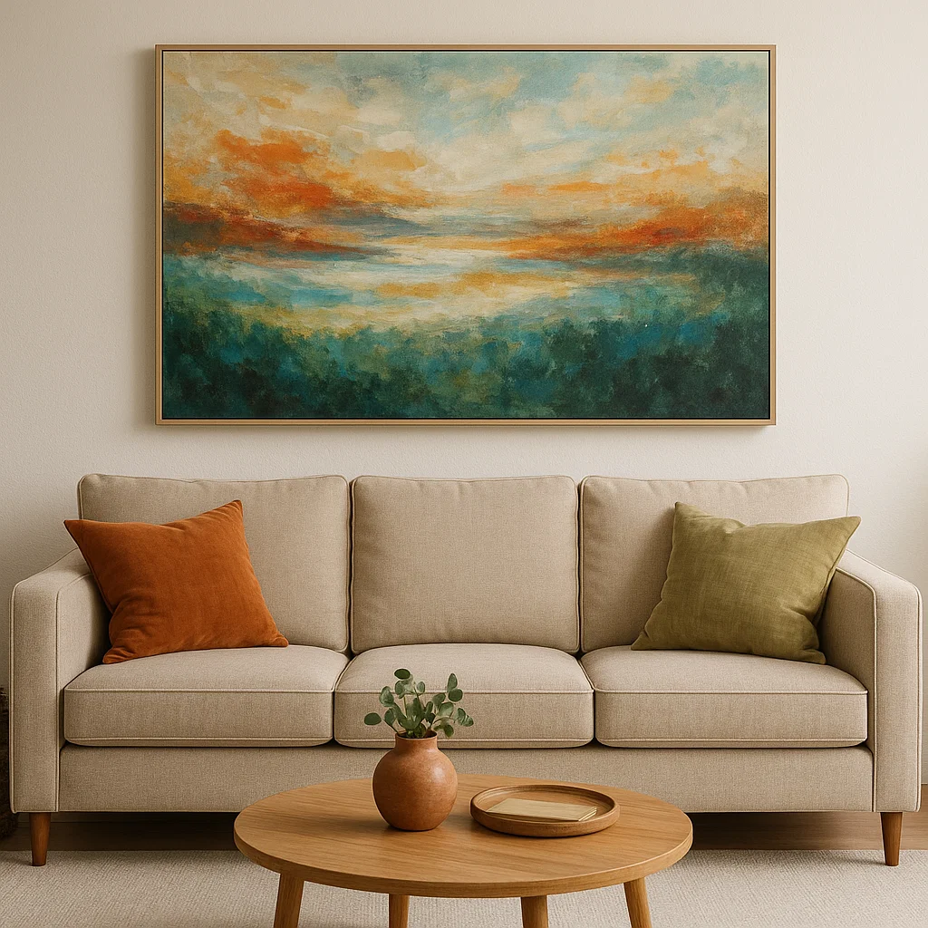 Beige sofa with colorful abstract painting and throw pillows
