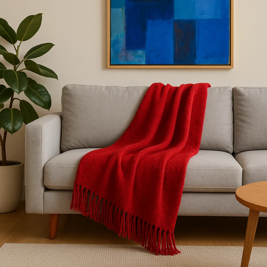 Gray sofa with vibrant red throw blanket and blue artwork
