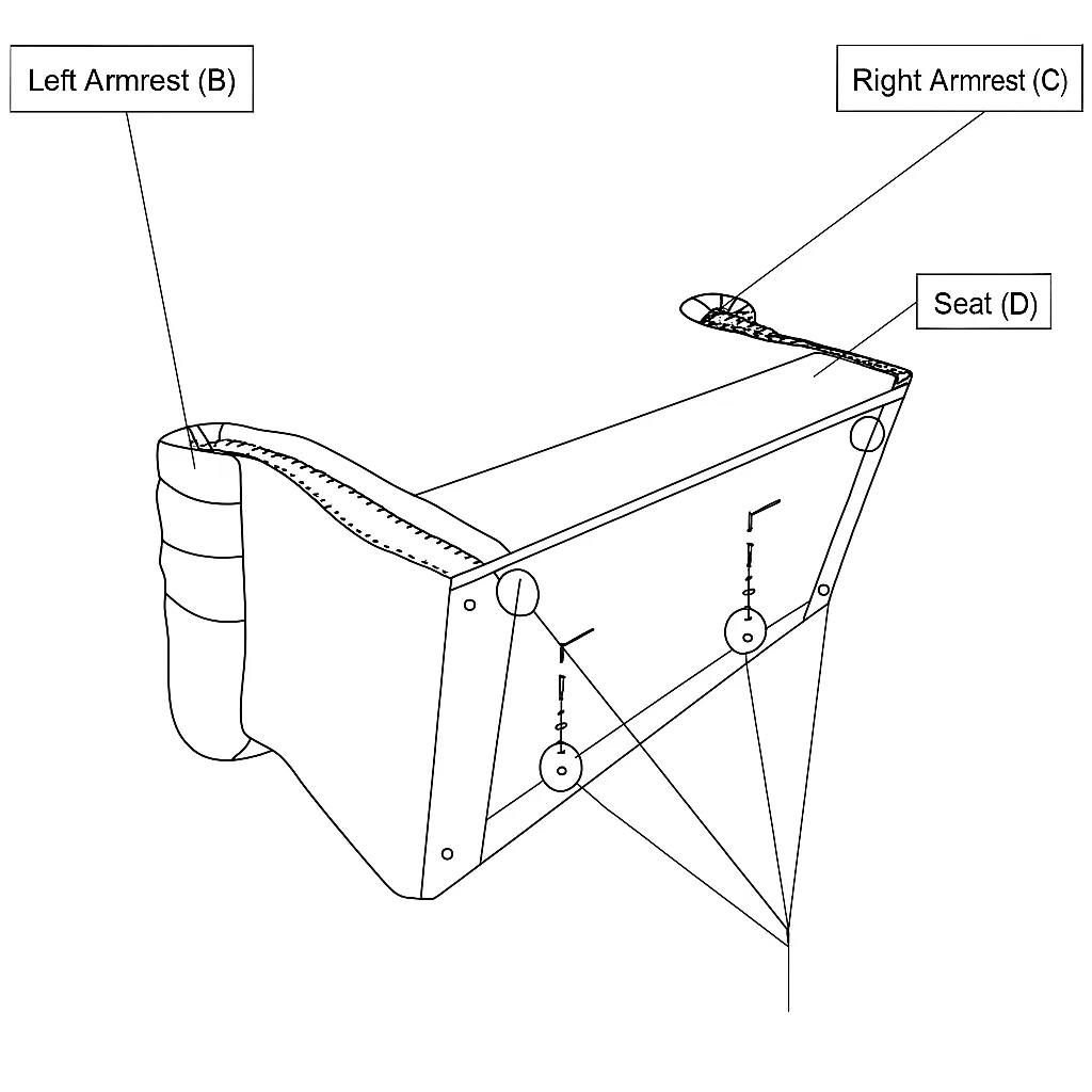 Illustration of armrest and seat bolting process.