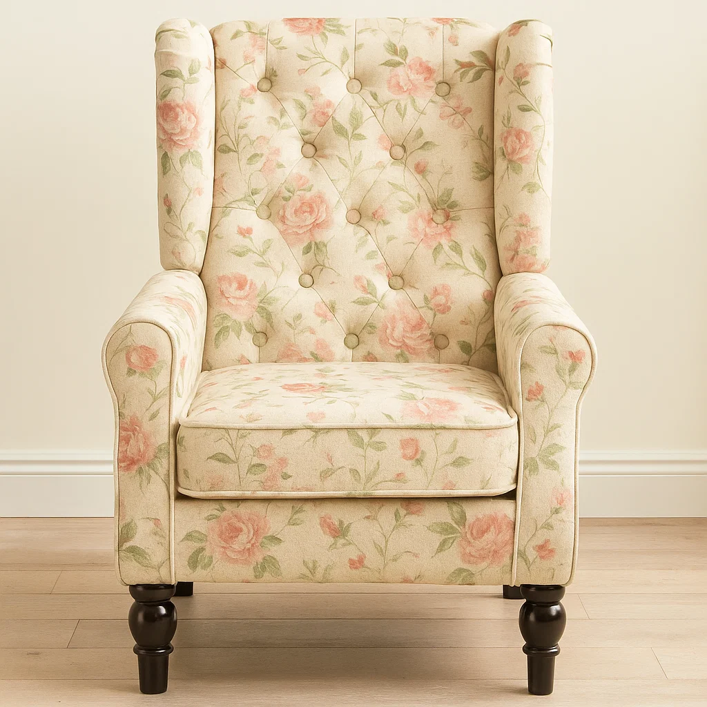 Floral patterned armchair with pastel rose design on beige fabric