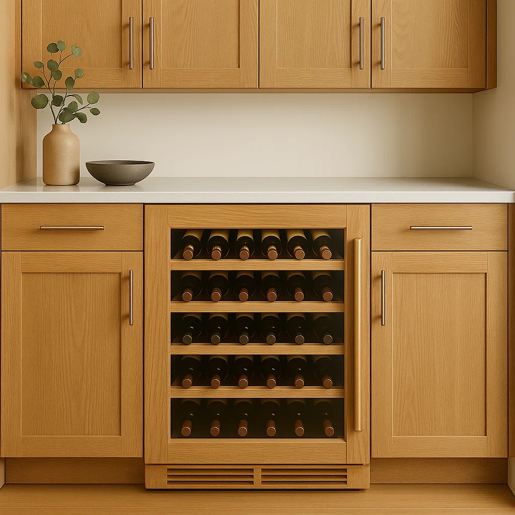 Built-in wooden kitchen wine cabinet with glass front shelves.