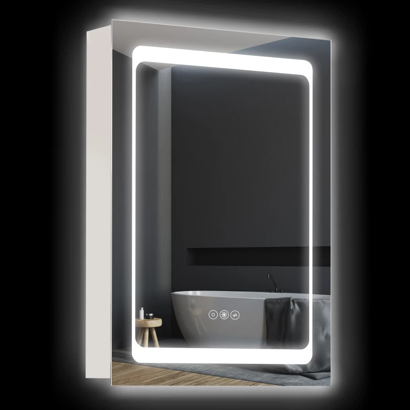 Modern wall cabinet with illuminated mirror and dark backdrop