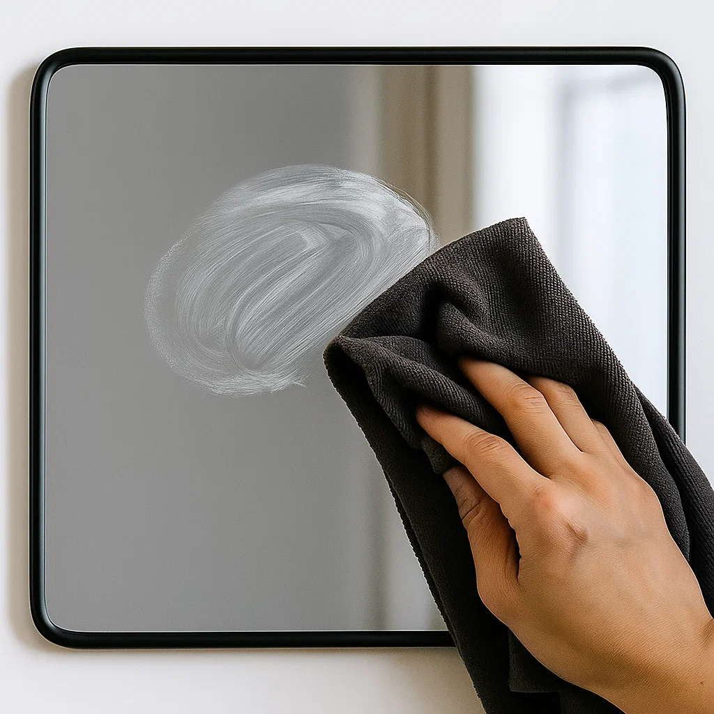 Hand buffing mirror with toothpaste using dark microfiber cloth.
