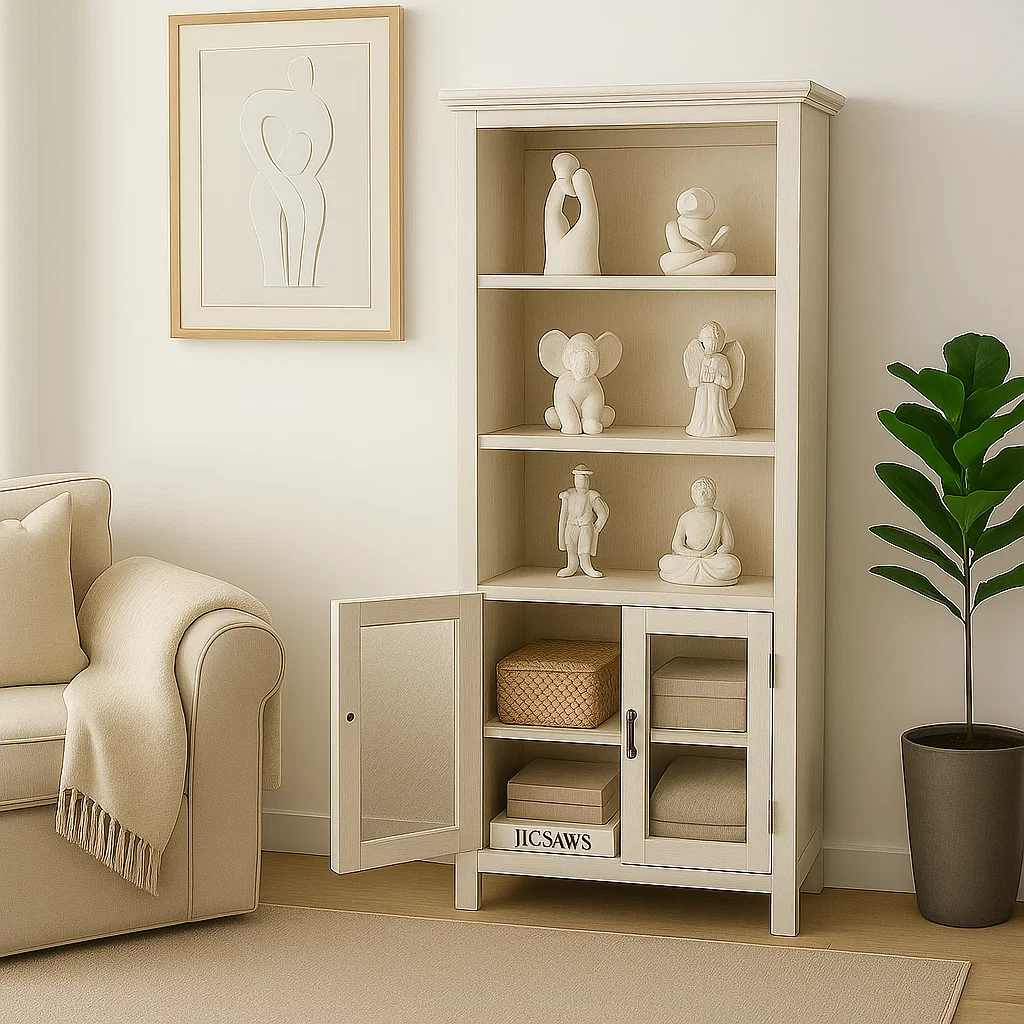 White ceramic figurines displayed in a neutral hutch cabinet for living room decor.
