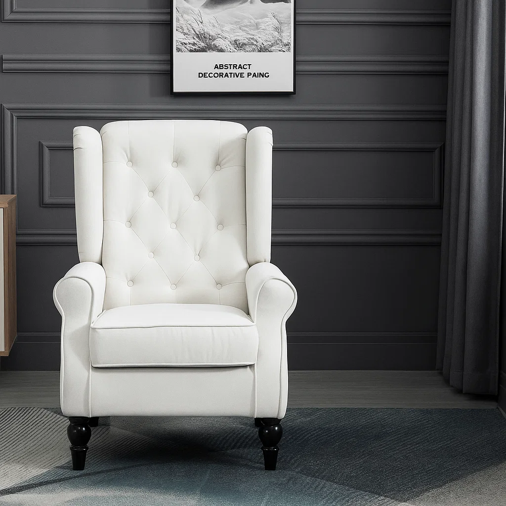 White accent chair with black legs in stylish dark interior.