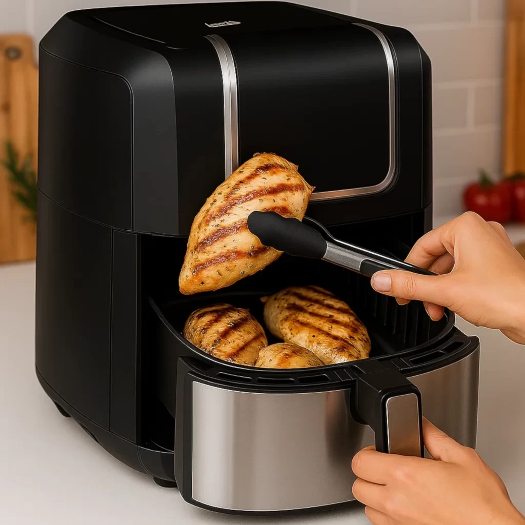 Hand using tongs to remove grilled chicken breast from black stainless steel air fryer.