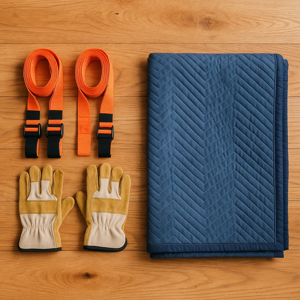 Moving straps, gloves, and padded blanket on wooden floor.