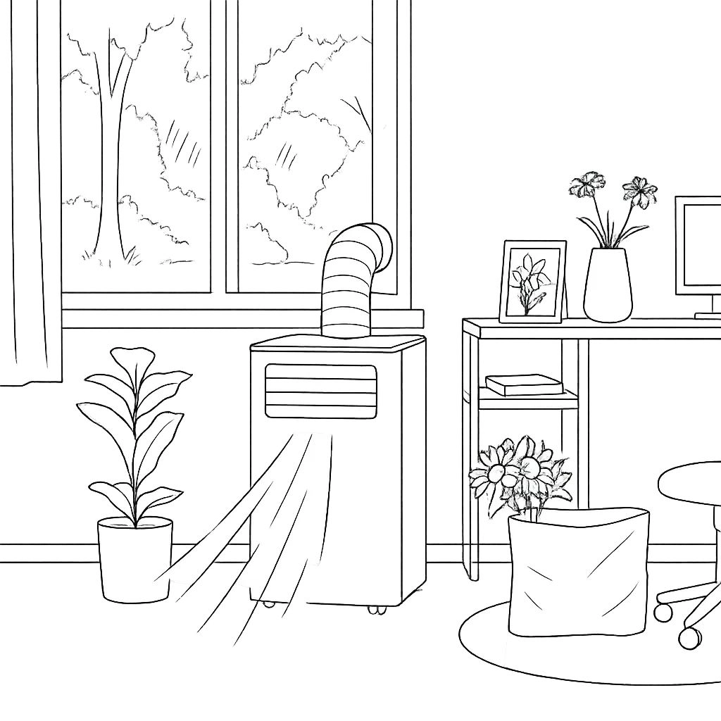 Portable air conditioner placed in living room near window