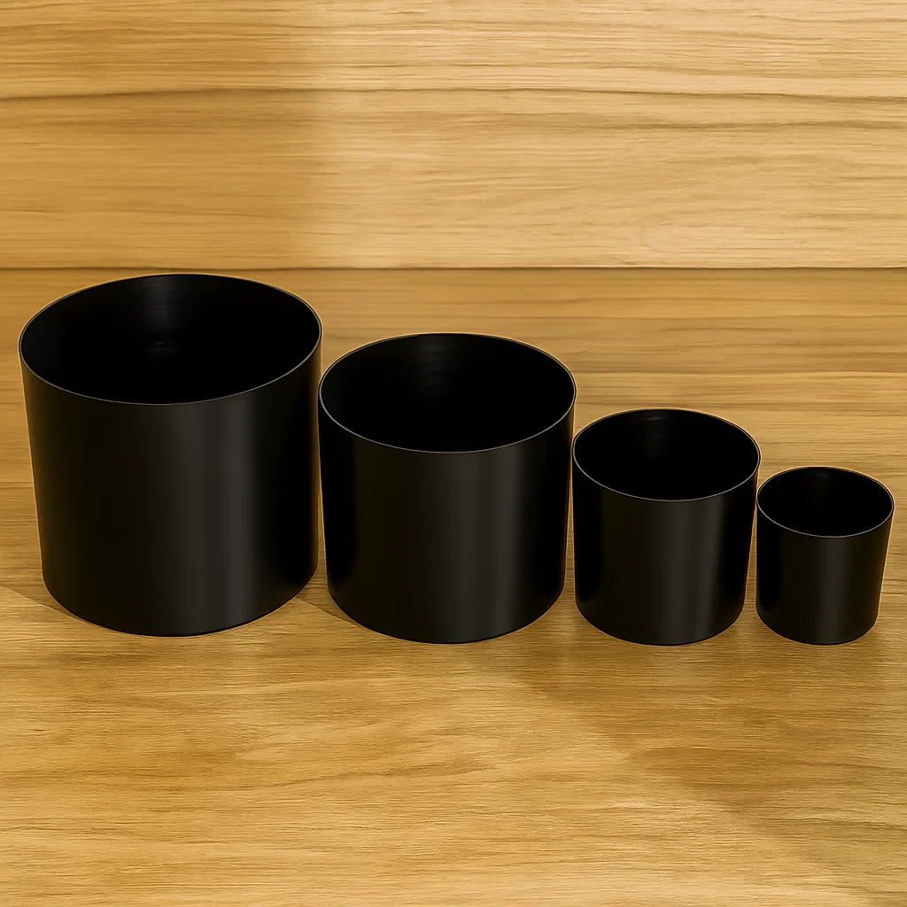 Black cylindrical planter with faux bamboo stalks and moss on wood floor, close-up.