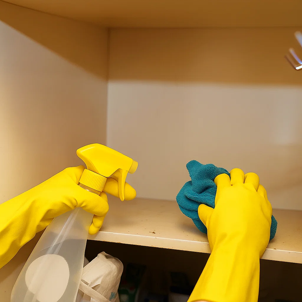 Cleaning inside of vanity with yellow gloves and a spray bottle and cloth.
