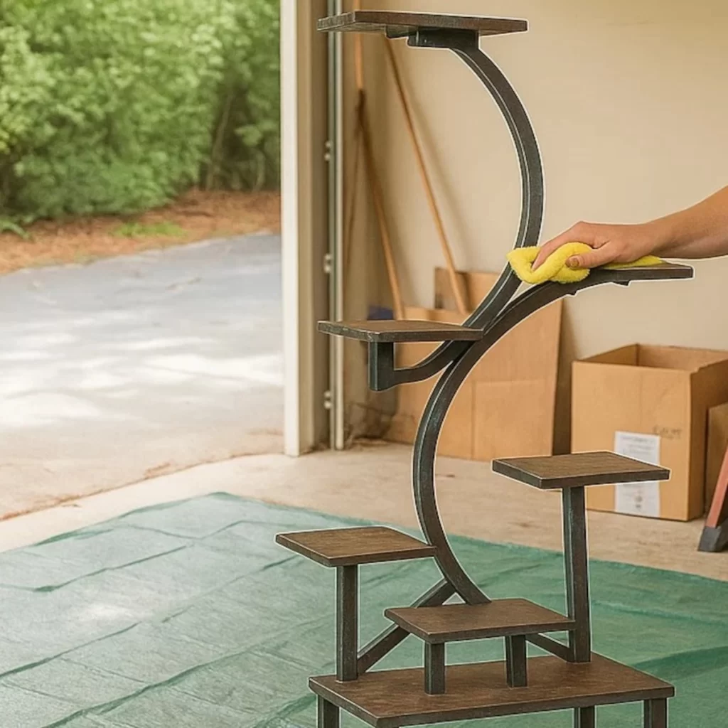 Person wiping metal plant stand with yellow cloth.