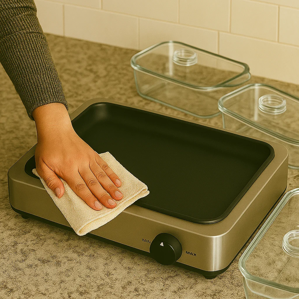 Hand wiping warming tray surface with cloth