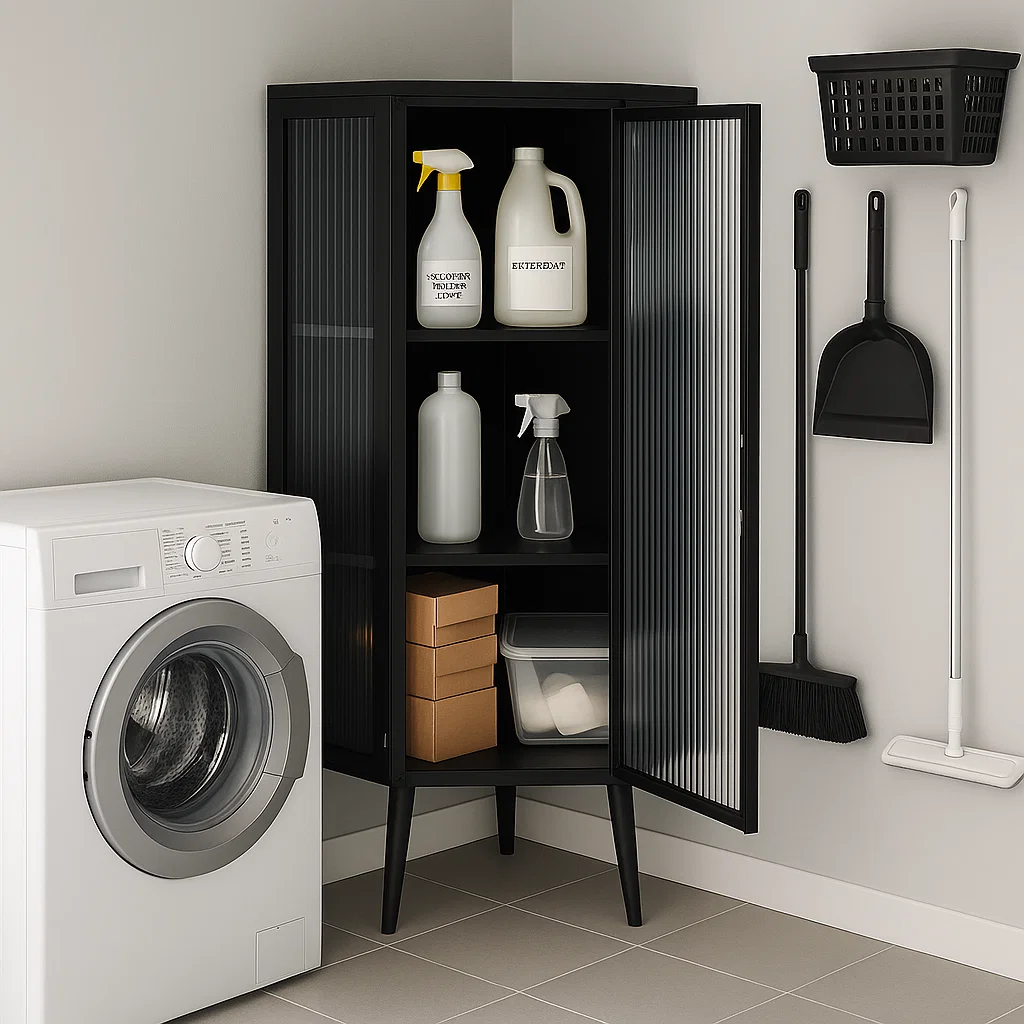 Black corner cabinet with cleaning supplies beside washing machine

