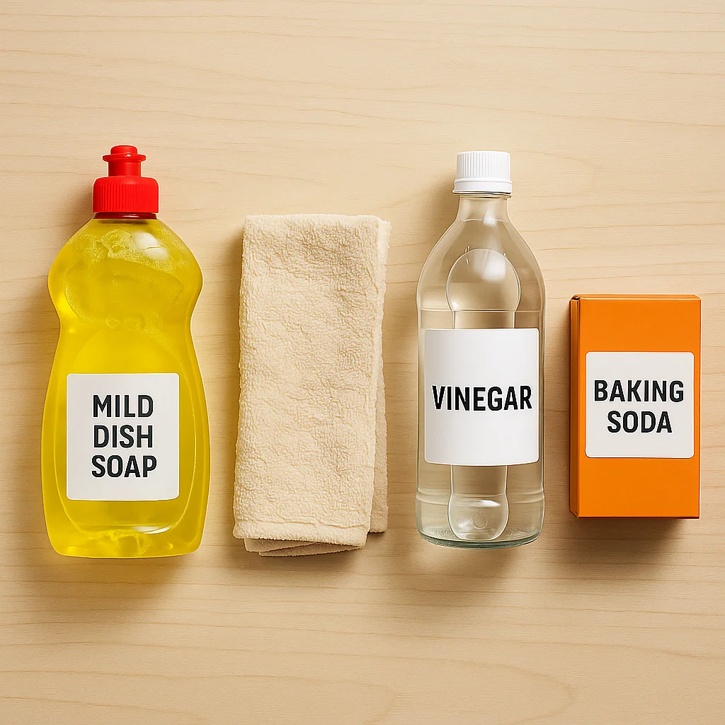 Cleaning supplies including dish soap, vinegar, baking soda, cloth, and sponge on a wooden surface.

