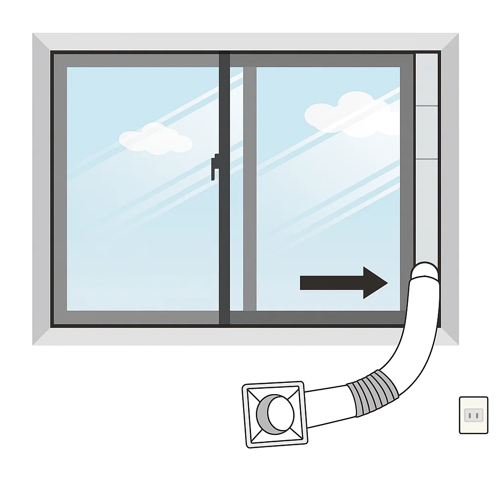 Sliding window closed against installed exhaust kit panel